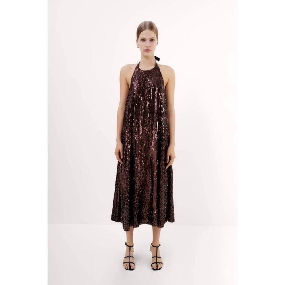Zara Dark Brown Sequin Halter Midi Dress